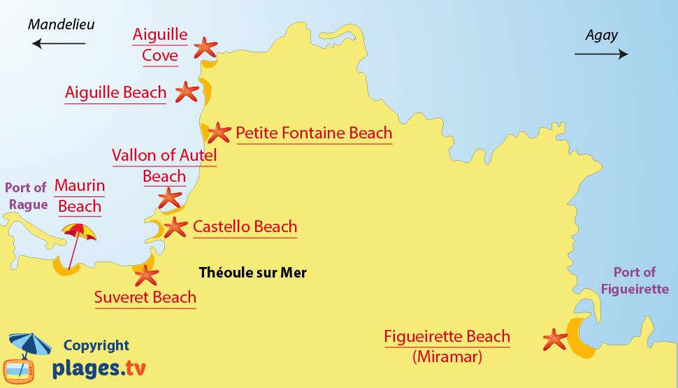 Map of Theoule sur Mer beaches in France