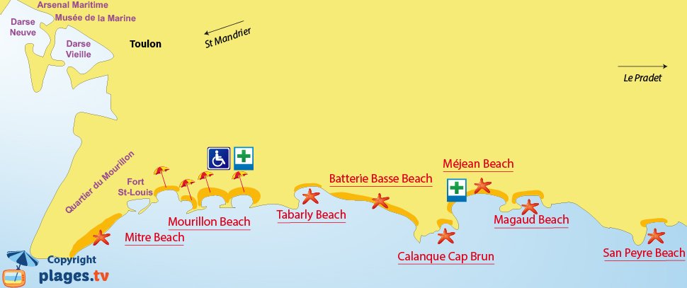 Map of Toulon beaches in France