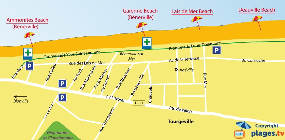 Map of Tourgeville beaches in Normandy