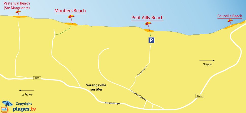 Map of Varengeville-sur-Mer beaches in France