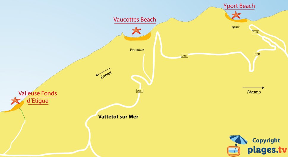 Map of Vattetot sur Mer beaches in France