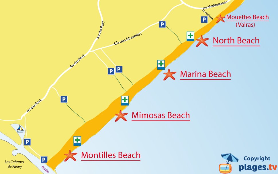 Map of Vendres beaches in France