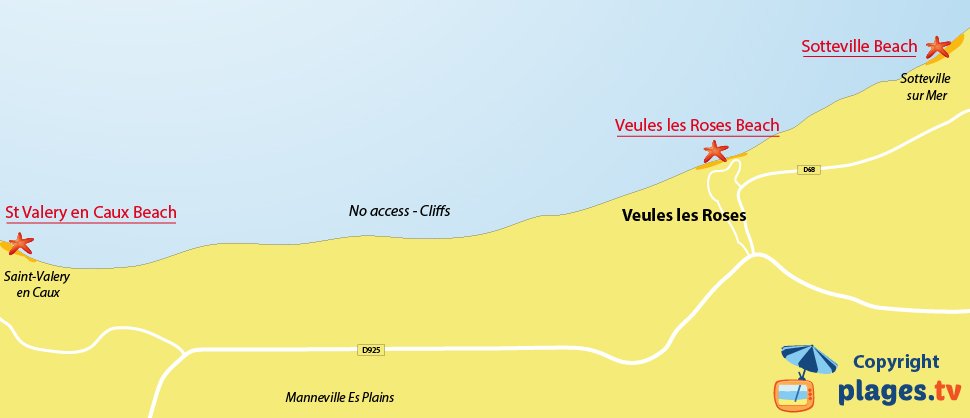 Map of Veules les Roses beaches in Normandy in France