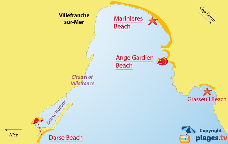 Map of the Villefranche sur Mer beaches in France