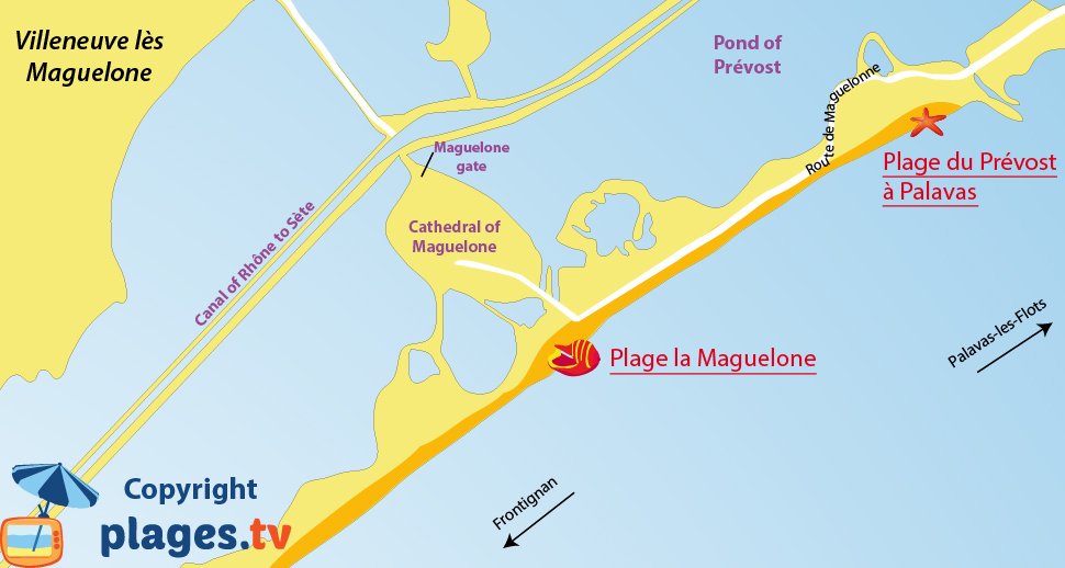 Map of Villeneuve les Maguelone beaches in France