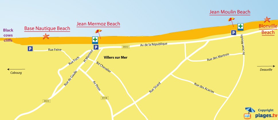 Map of Villers sur Mer beaches in Normandy - France