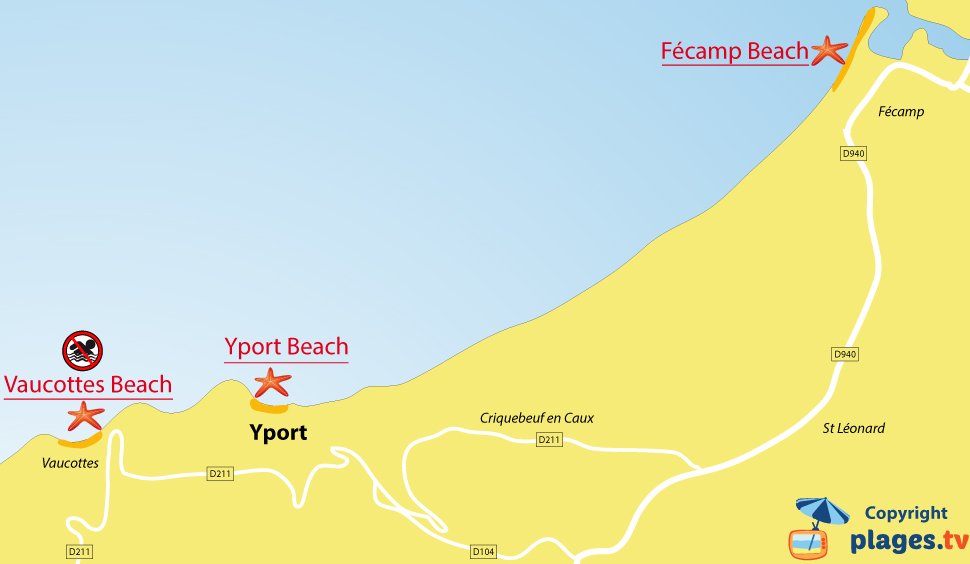 Map of Yport beaches in Normandy - France