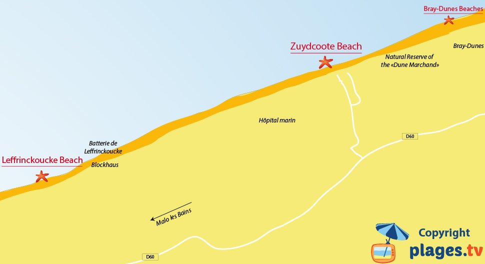 Map of Zuydcoote beaches in North of France