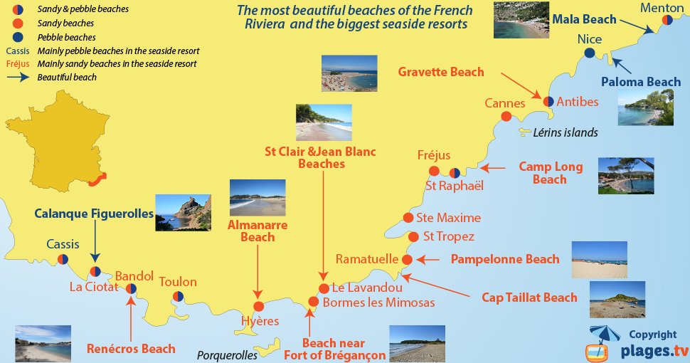 Most beautiful beaches of the French Riviera with the different seaside resorts