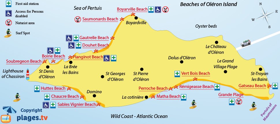 Map of most beautiful beaches of the island of Oléron in France