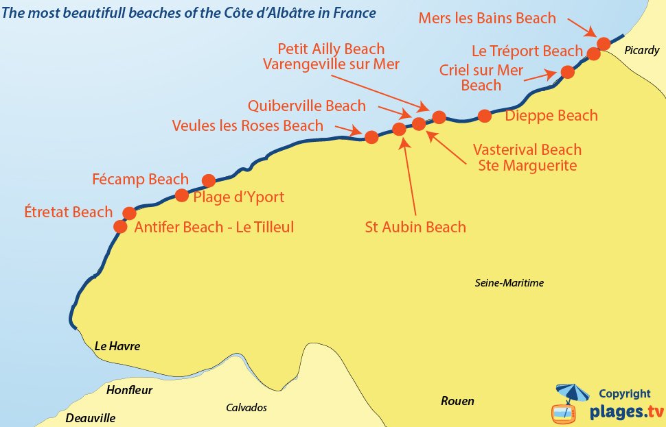 Map of beautifull beaches of the Cote d'Albatre in Normandy in France