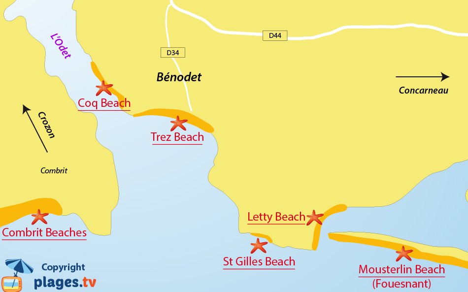 Map of Benodet beaches in France