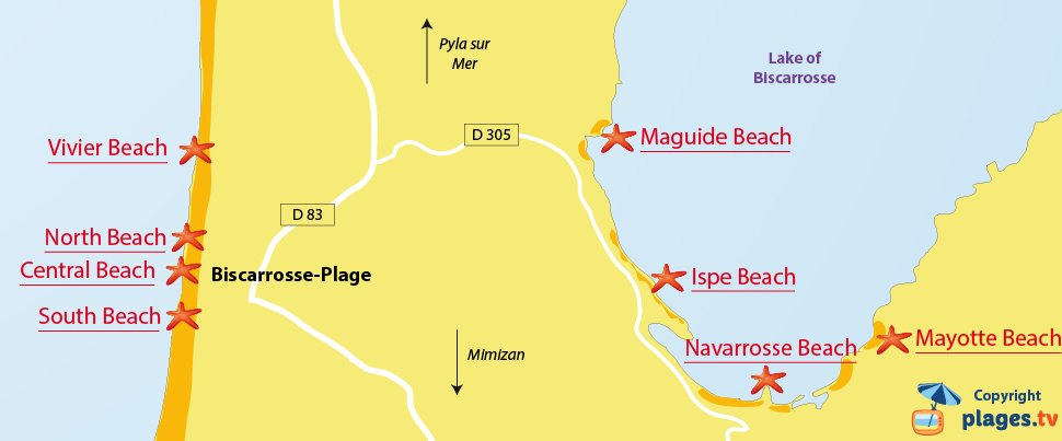 Map of Biscarrosse beaches in France