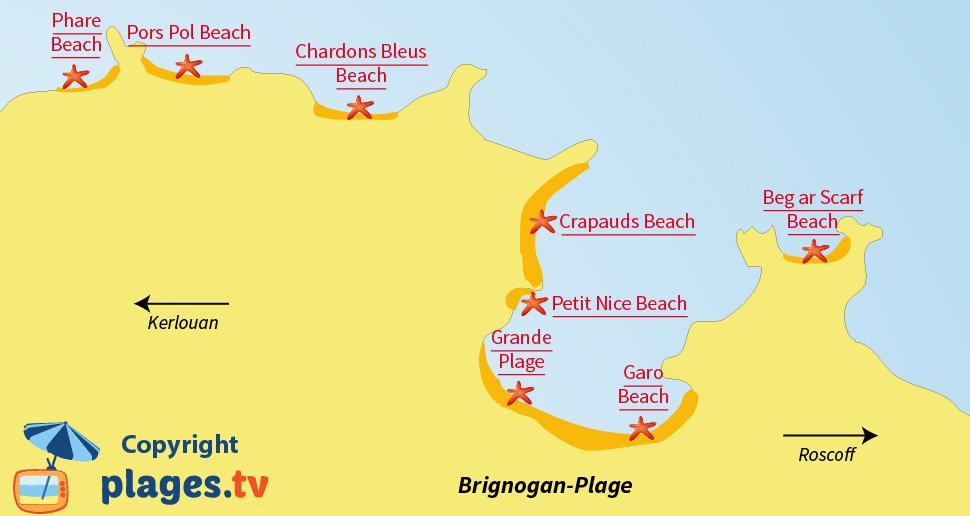 Map of Brignogan beaches in Brittany in France