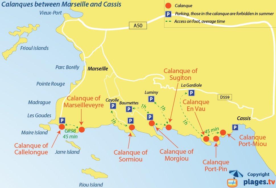 Map of calanques between Marseille and Cassis - South of France