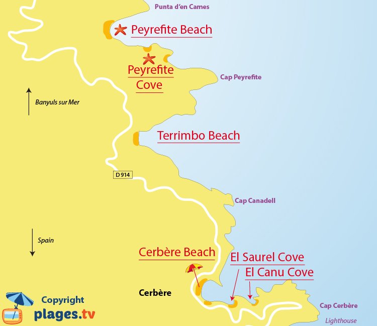 Map of Cerbere beaches in France