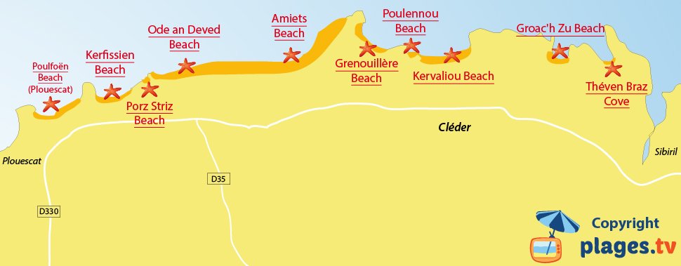 Map of Cléder beaches in Brittany