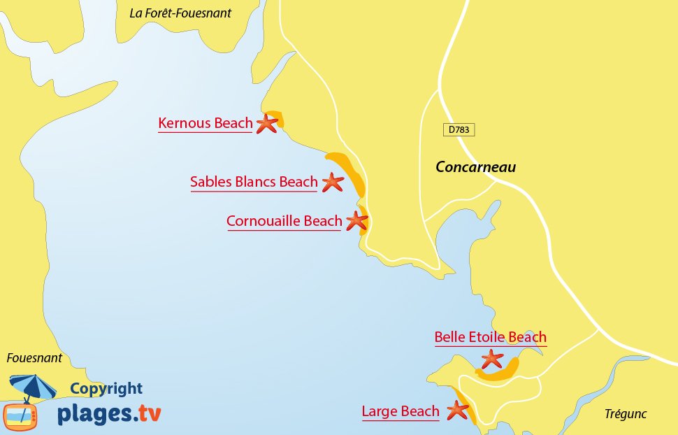 Map of Concarneau beaches in France