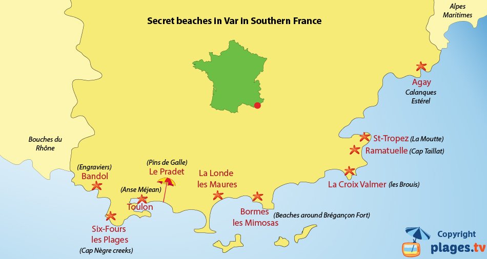 Map of confidential beaches in Var in southern France