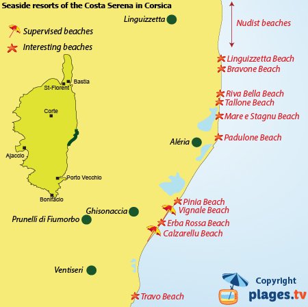 Map of Costa Serena beaches and resorts in Corsica