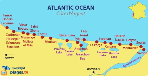 Map of Côte d'Argent coast in France