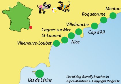 Map of dog-friendly beaches in Alpes Maritimes in France