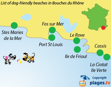 Map of dog friendly beaches in Bouches du Rhône in France