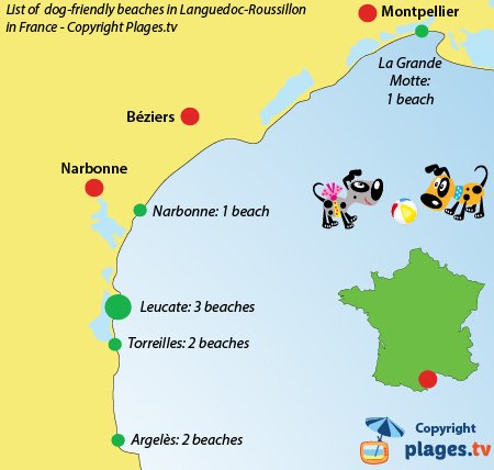 Map of dog-friendly beaches in Languedoc Roussillon in France