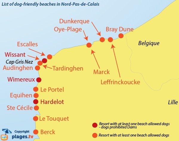 Map of dog friendly beaches in Nord Pas de Calais in France