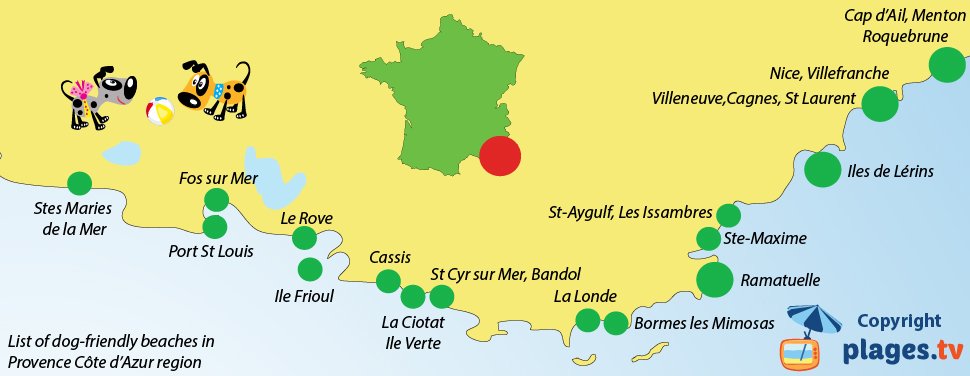 Map of dog-friendly beaches in Provence Cote d'Azur (French Riviera) in France