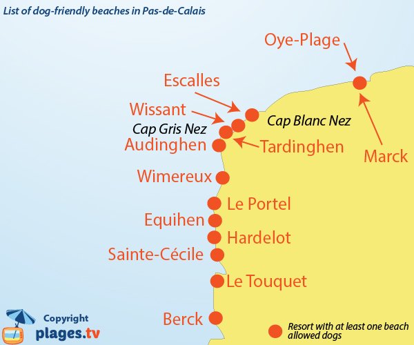 Map of dog friendly beaches in Pas de Calais in France