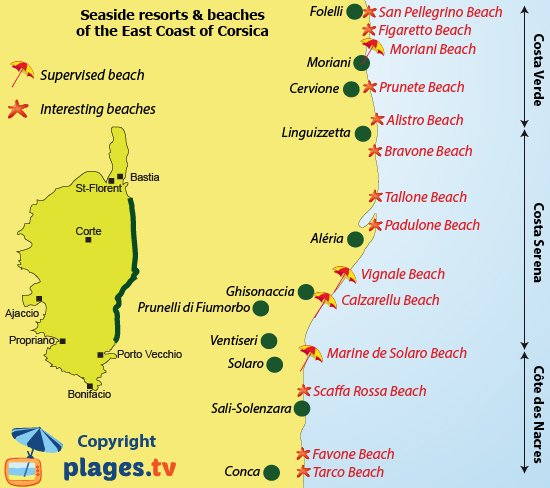 Map of seaside resorts and beaches of the east coast of Corsica