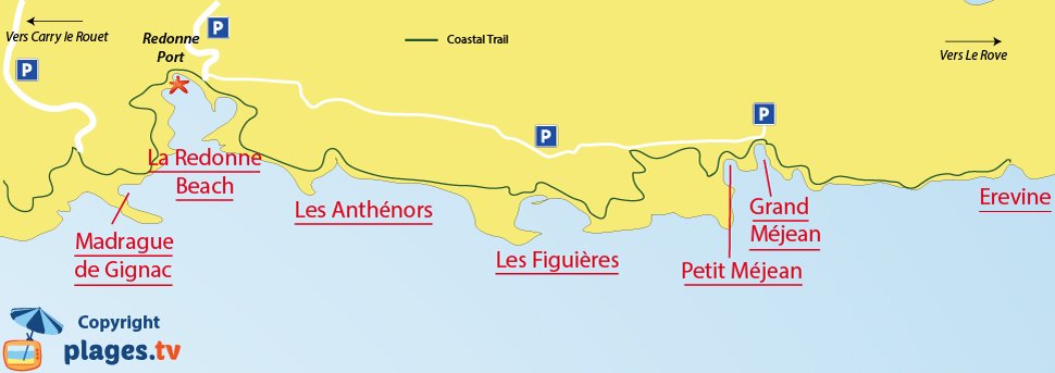 Map of Ensues la Redonne beaches in France on the Blue Coast