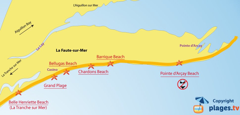 Map of La Faute sur Mer beaches in France