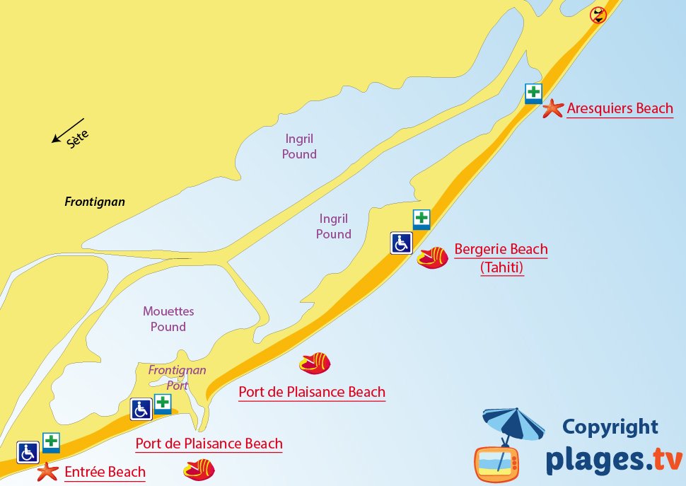 Map of Frontignan beaches in France