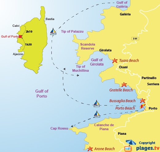 Map of beaches in gulf of Porto in Corsica