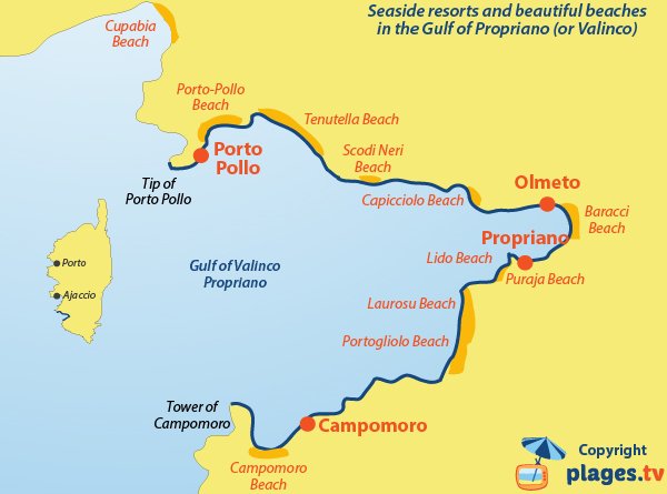 Map of seaside resorts and beaches in the gulf of Propriano - Valinco