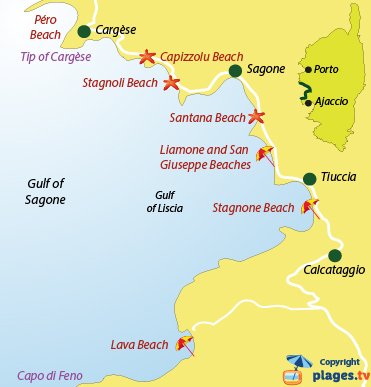 Map of beaches and seaside resorts in the gulf of Sagone - Corsica