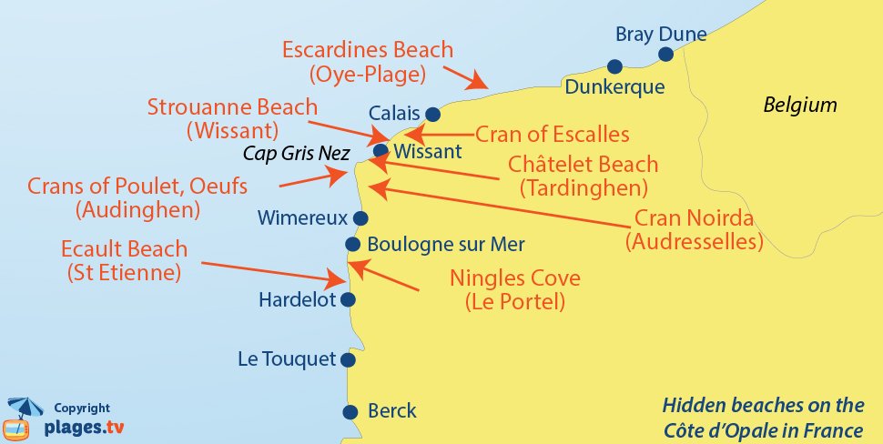 Map of hidden beaches of North of France