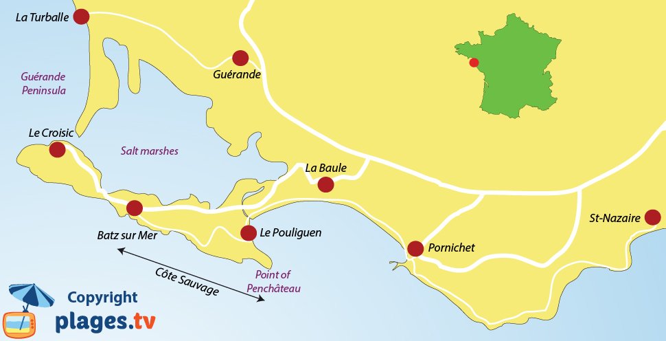 Map of the “Côte sauvage” in Loire-Atlantique and the neighbouring resorts of ”La Baule”