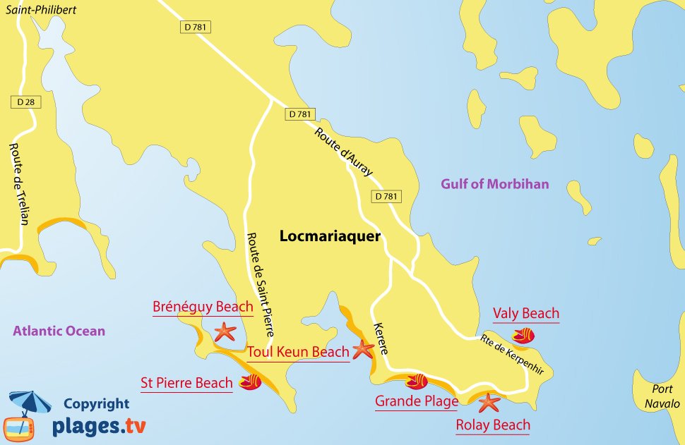 Map of Locmariaquer beaches in Brittany - France