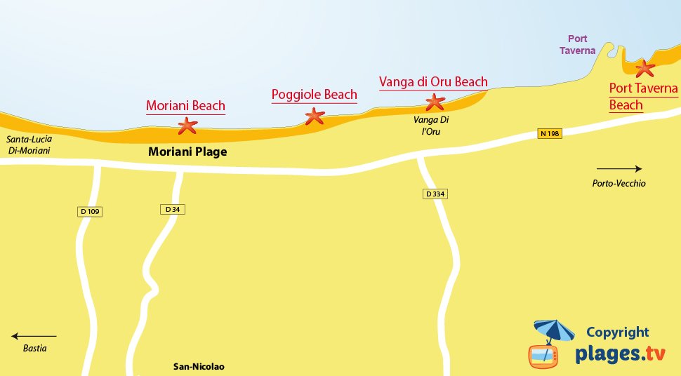 Map of Moriani beaches in Corsica