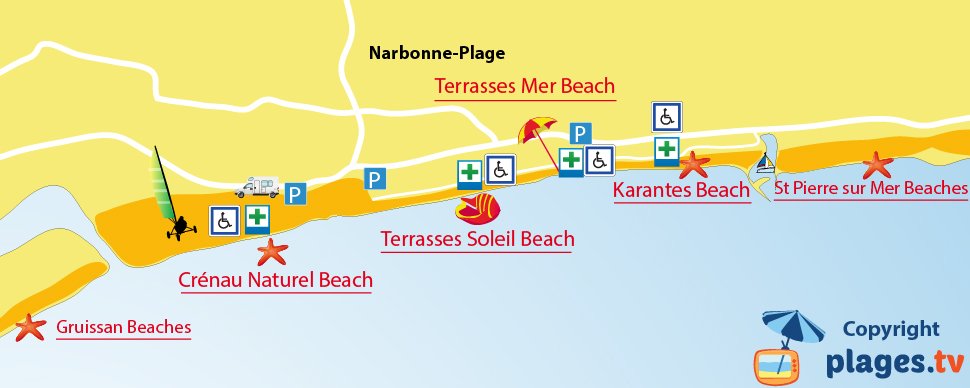 Map of Narbonne beaches in France