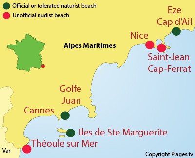 Map of naturist beaches in Alpes Maritimes in France