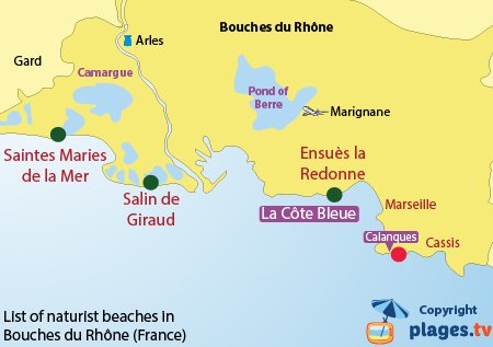Map of naturist beaches in Bouches du Rhône in France (South of France)