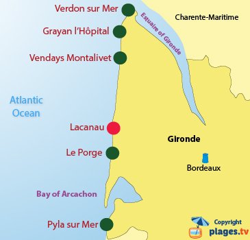 Map of naturist beaches in Gironde in France