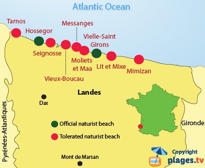 Map of Naturist beaches in Landes in France