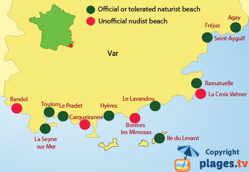 Map of naturist beaches in Var in south of France