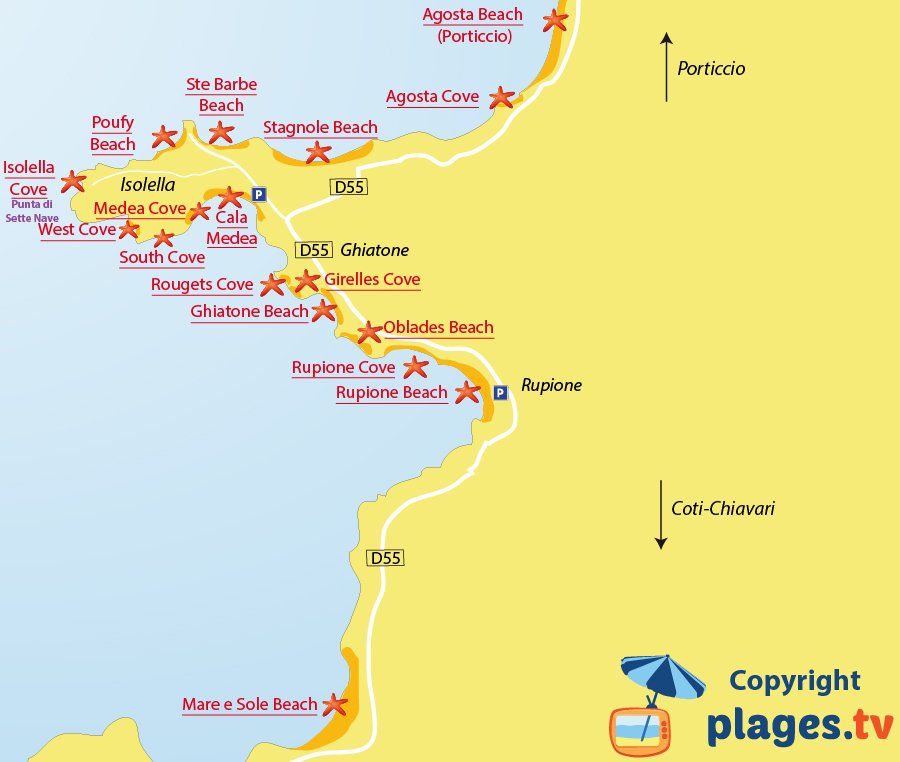 Map of Pietrosella and Isolella beaches in Corsica