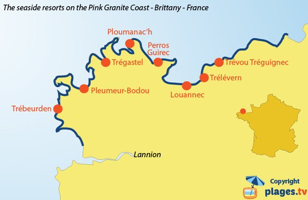 Map of the seaside resorts in Brittany on the Pink granite coast - France